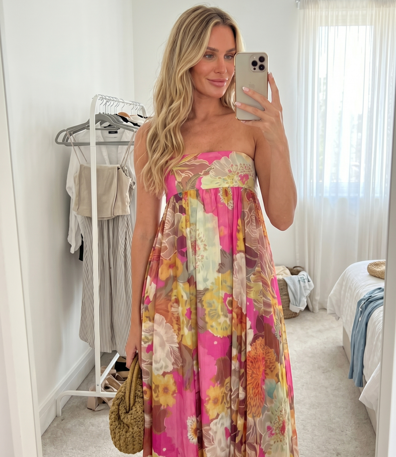 Customer mirror selfie wearing pink floral maxi dress — Emmie & Ellie verified buyer review