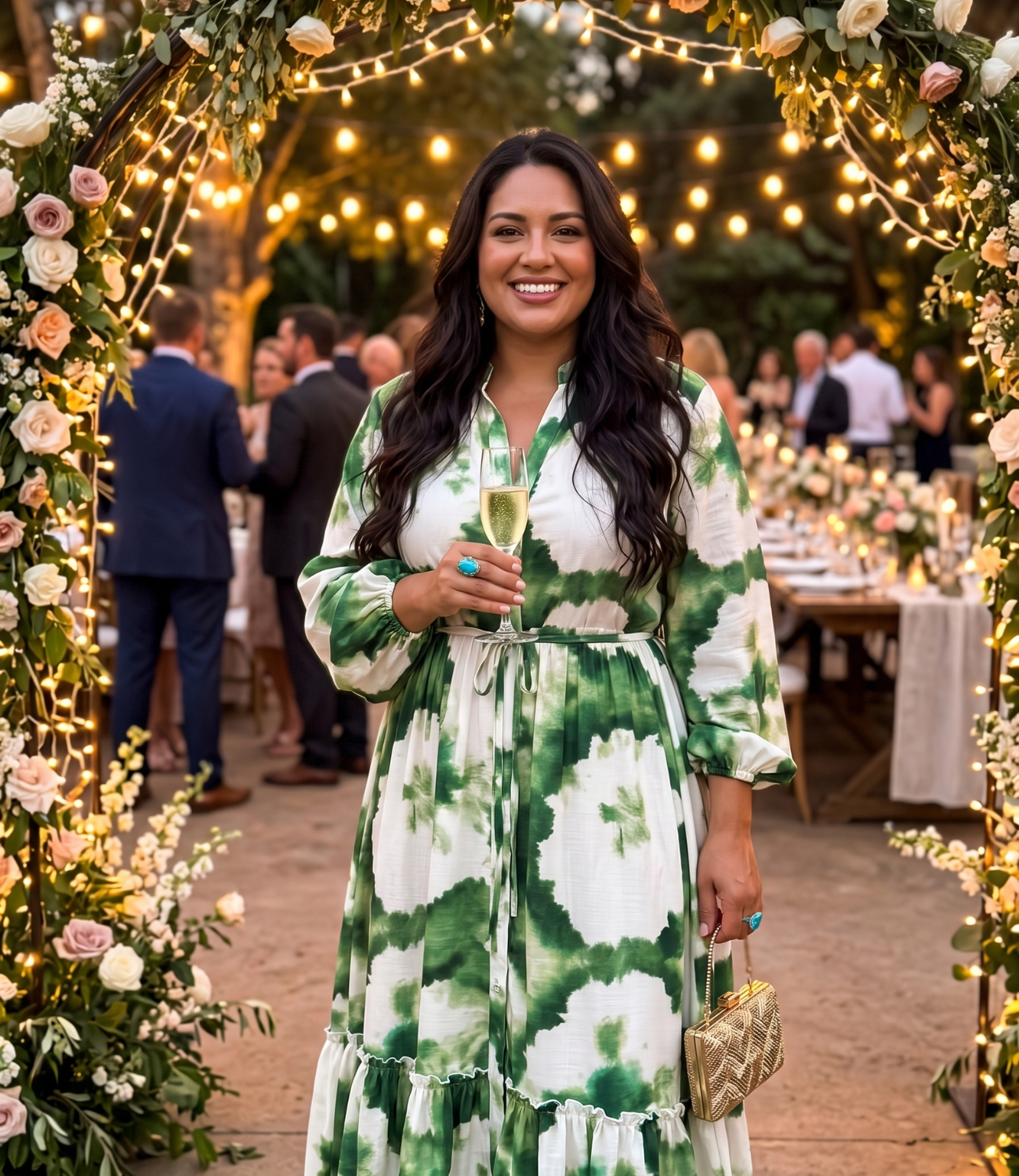 Plus size Latina woman in floral dress at outdoor wedding — Emmie & Ellie verified buyer review