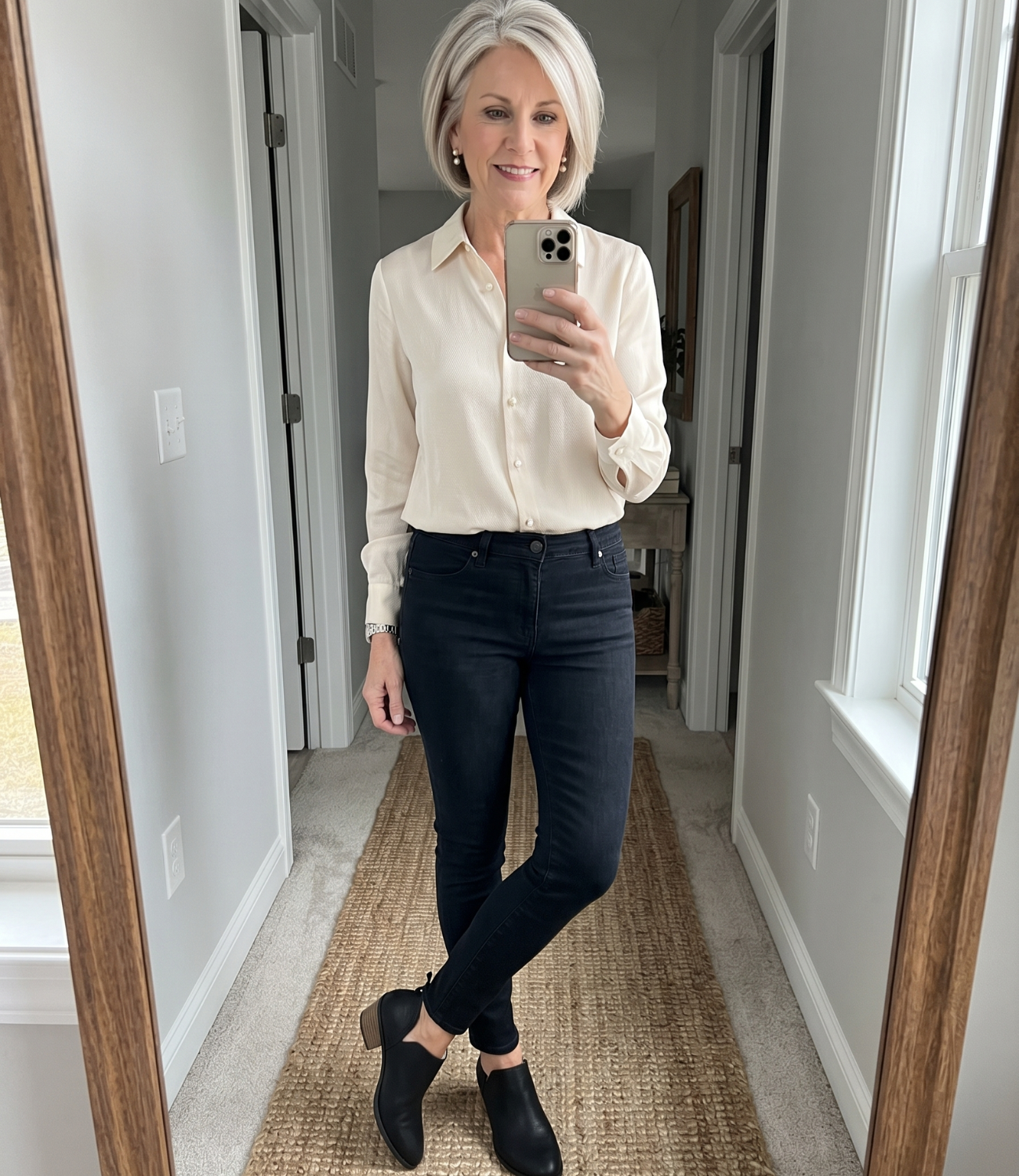 Woman aged 58 wearing ankle boots with jeans hallway mirror selfie — Emmie & Ellie verified buyer review