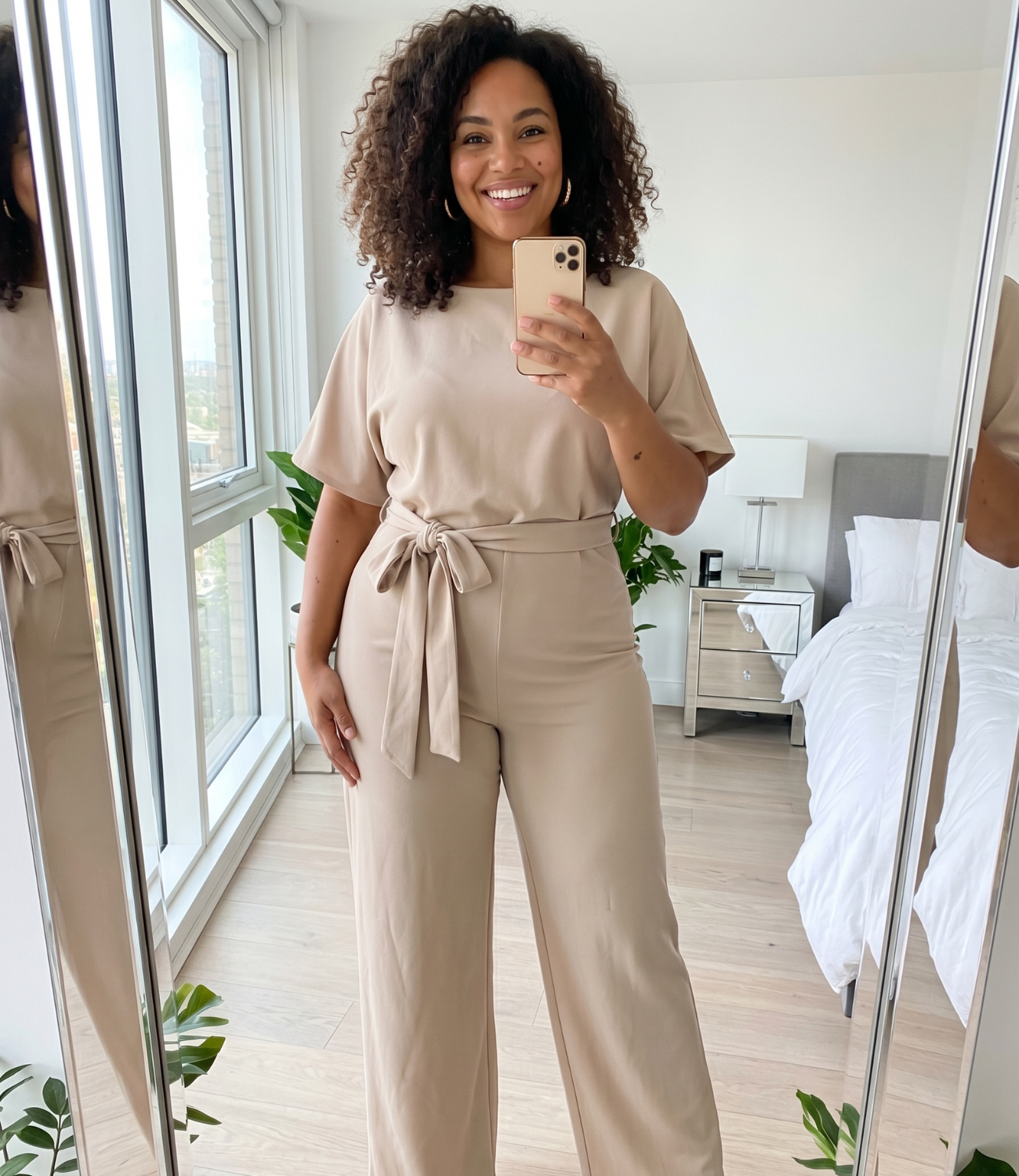 Plus size woman in jumpsuit bedroom mirror selfie — Emmie & Ellie verified buyer review