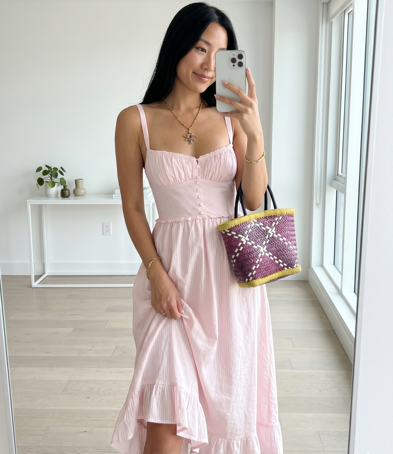 Chinese-American woman mirror selfie wearing pink summer dress — Emmie & Ellie verified buyer review
