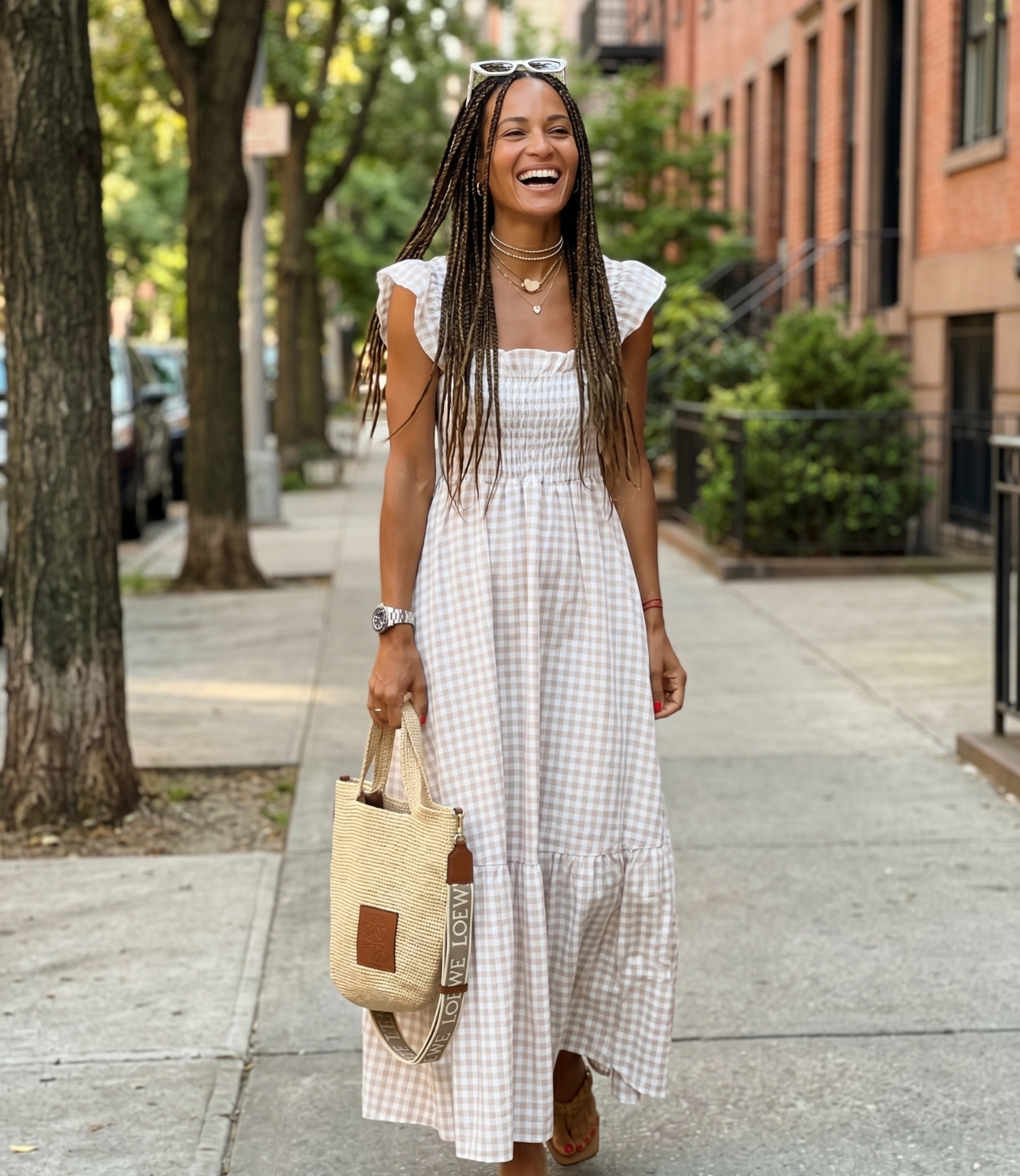 Nigerian-American woman in floral dress on sunny city street — Emmie & Ellie verified buyer review