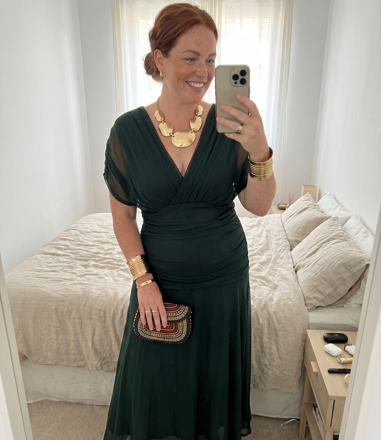 Plus size woman in dress bedroom mirror selfie — Emmie & Ellie verified buyer review
