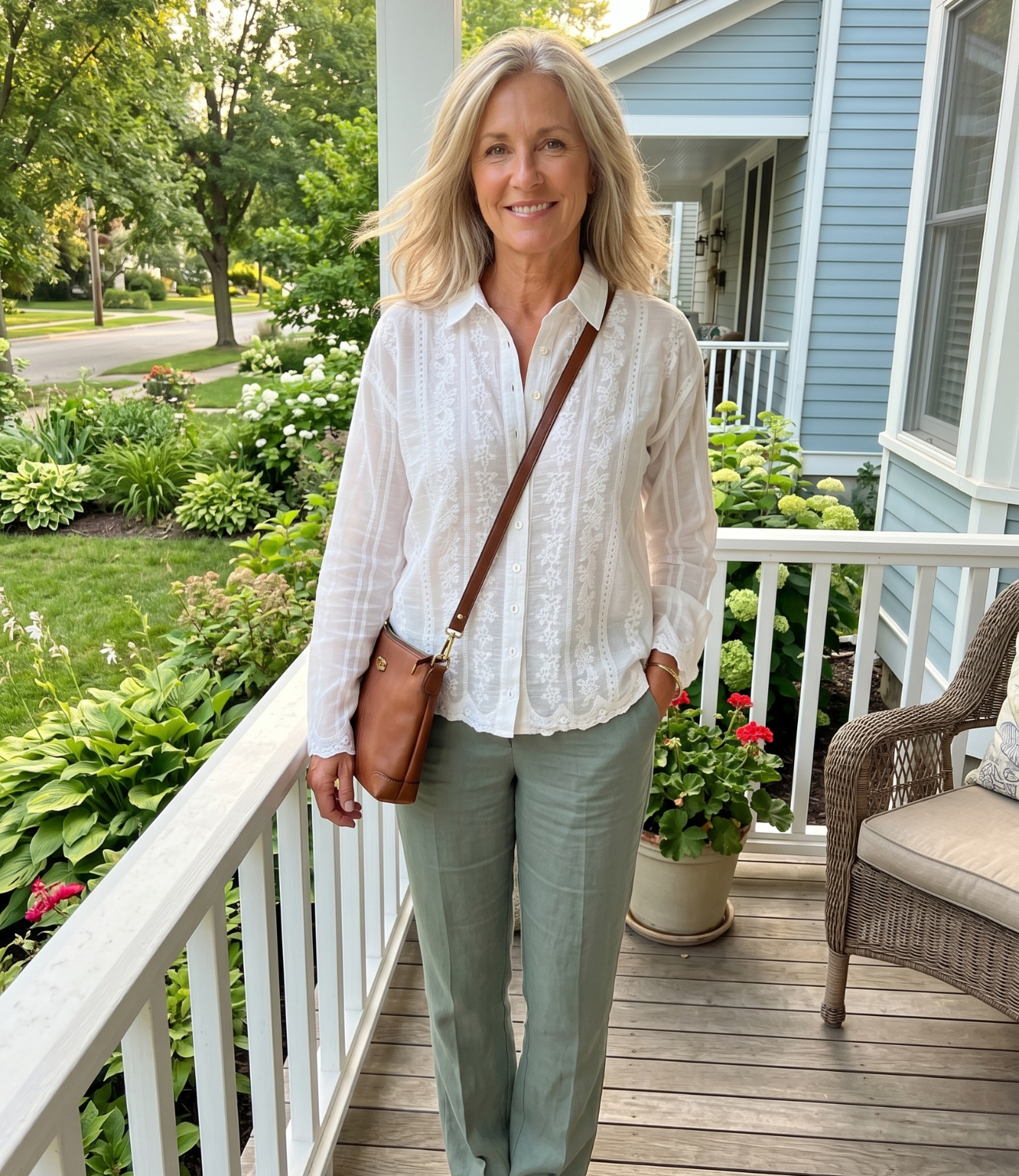 Woman aged 54 wearing blouse on front porch — Emmie & Ellie verified buyer review