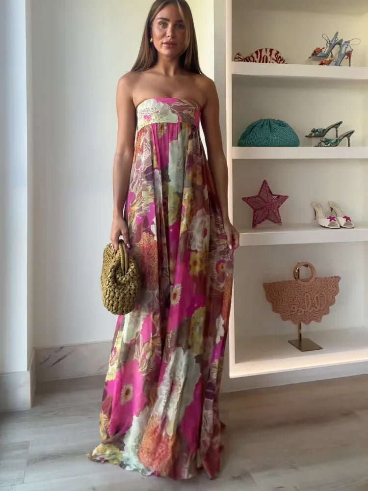 Women's Floral Maxi Dress Strapless Empire Waist – Wedding Guest Summer